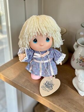 Vintage Enesco Precious Moments Blonde Lavender Floral Dress Doll with Heart Tag